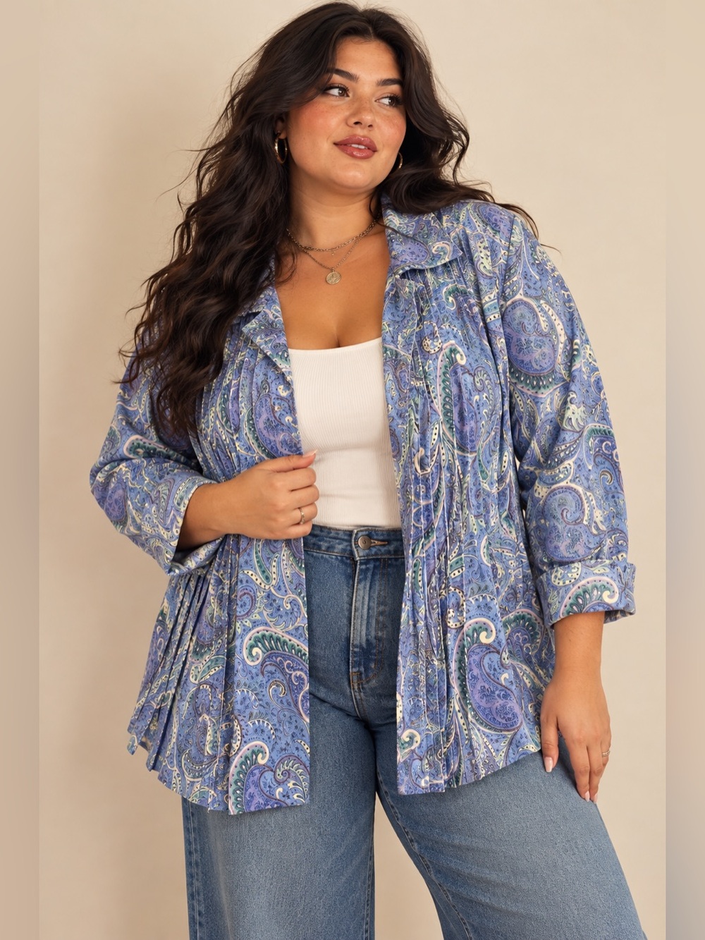 Y2K Blue Paisley Pleated Blazer Jacket Boho Artsy Lagenlook Plus Size 1X